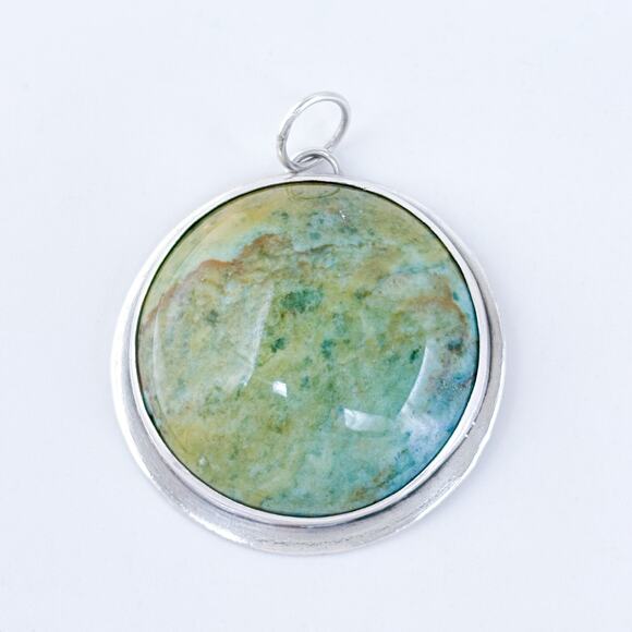 Vintage Sterling Silver 925 Green Jasper Round Pendant - Picture 2 of 6